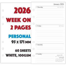 Orgnizme 2026 Diary Refill Personal Size, Week on Two Pages, Compatible with Filofax Personal Organiser, 95 x 171mm
