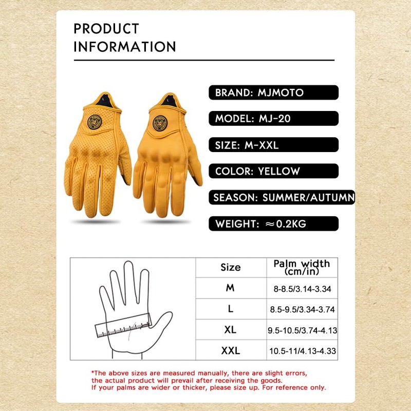 mjmoto Yellow Classic Goat Leather Motorcycle Gloves with Hole Summer