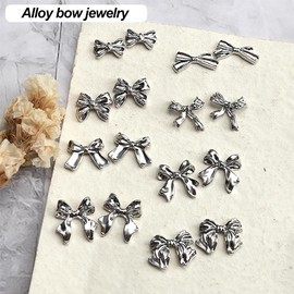 Bow Nail Charms 16Pcs 3D Silver Alloy Nail Charms for Acrylic Nail Art Charms Metal Nail Rhinestones Charms Designs Cute Kawaii Bow-Knot Nail Charms Gift Set for Women DIY Nail Decoration