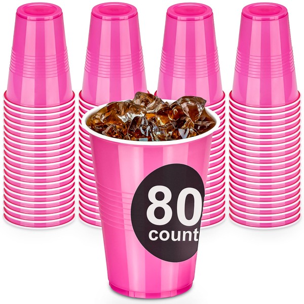 DecorRack 80 Party Cups, 16 oz -BPA Free- Plastic Soda Cups, Pink (Pack of 80)