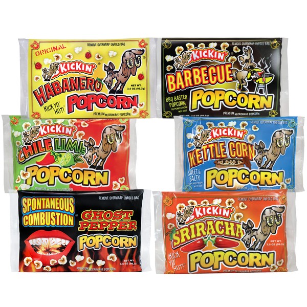 KICKIN' Premium Microwave Popcorn – Variety Gift Pack (6) - Ultimate Spicy and Sweat Gourmet Gift - Try if you dare!