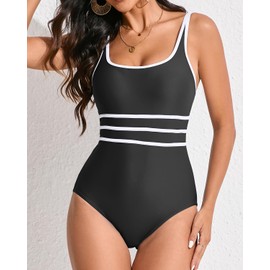 VECENEY One Piece Bathing Suit for Women High Waisted Color Block Swimsuits Adjustable Strap Swimming Suit Black M