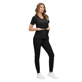 Natural Uniforms Womens Ultra-Soft Luxe Stretch Jogger Scrub Set with Regular and Petite Sizes (Black, X-Small-Petite)