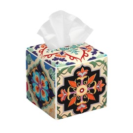 DXTKWL Tissue Box Cover Colorful Boho Ceramic Tile Square PU Leather Tissue Box Holder for Car Bathroom Bedroom Desk Tabletop Decor