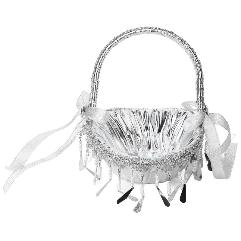 Wedding Flower Girl Basket Silver Hand Flower Basket Romantic Rhinestone
