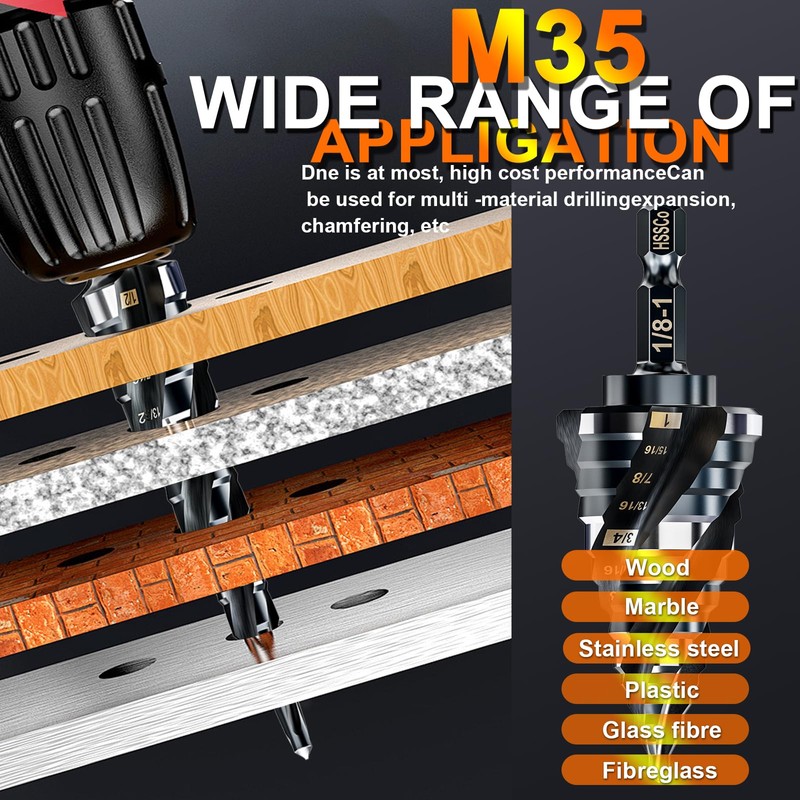 Four Spiral Flute Step Drill Bit for Metal,M35 Cobalt Unibit