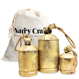 NARRY CRAFT Giant Harmony Country Cow Bells Huge Hanging on Rope Antique Gold Christmas Hanging XL Lucky Bells On Rope (Country Rustic, Large)