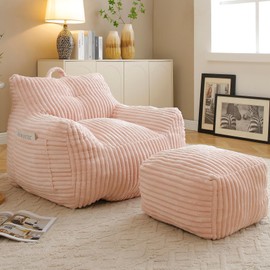 CKEASEAN Giant Bean Bag Chair with Ottoman, 27.5''W Floor Corduroy Sofa with Handle, Accent Sofa Chair with Pocket, Comfy Chaise Lounge for Gaming Reading Relax (Pink)