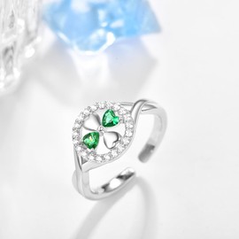 KINGWHYTE Four Leaf Clover Ring 925 Sterling Silver emerald ring St Patricks Day Shamrock ring Irish Jewellery for Women