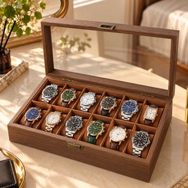 Wooden Watch Display Box for Watch Collection Storage – Glass Lid and Soft-Lined Compartments for Home Organization