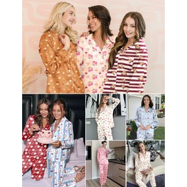 Ekouaer Silk Satin Pajamas for Women Teddy Bear Pjs Set Button Down Long Sleeve Loungewear Cute Sleepwear Cherry Teddy L