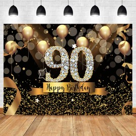 Sensfun 7x5ft Happy 90th Birthday Backdrop for Women Men Black Gold Balloons Photography Background Diamond 90th Birthday Decorations Banner Cheers to 90th Birthday Party Suppiles Photo Booth
