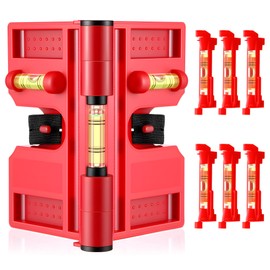 Enhon Adjustable Magnetic Post Level with 6 Hanging String Line Levels, Folding Post and Pipe Leveler for Metal and Non Metal Posts, Includes Elastic Strap for Hands Free Work, Red