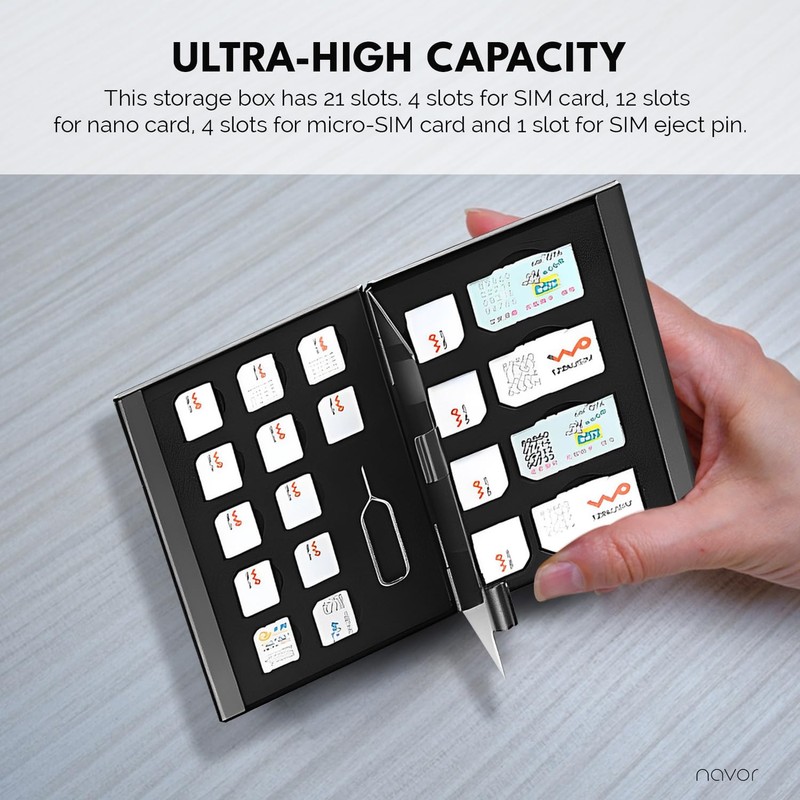 navor 21-in-1 Portable Aluminum SIM Card Holder, 4 x SIM
