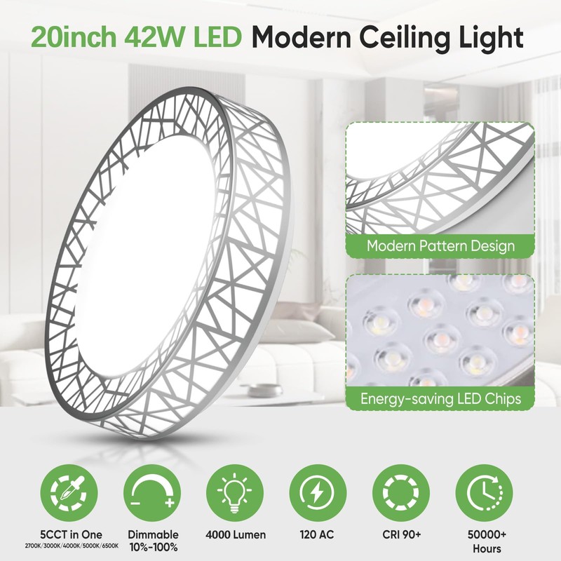 Lightania 20 Inch Flush Mount Ceiling Light, Modern Brushed Nickel