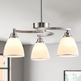 3 Lights Brushed Nickel Farmhouse Chandelier Retractable Kitchen Island Light with Milk White Frosted Glass Max 59" Height Adjustable Silver Hanging Ceiling Light for Dining Room Living Room Entry