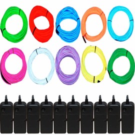 JYtrend 10-Pack 15ft Neon Light El Wire with Battery Pack (Blue, Green, Red, White, Orange, Purple, Pink, Yellow, Lime Green, Aqua Blue)