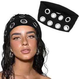 Aushamtai Grommet Headband Hollow Out Eyelets Headband Goth Elastic Mental Headbands for Women Punk Grunge Y2k Black Fashion Girls Trendy Hippie Hair Accessories Non Slip