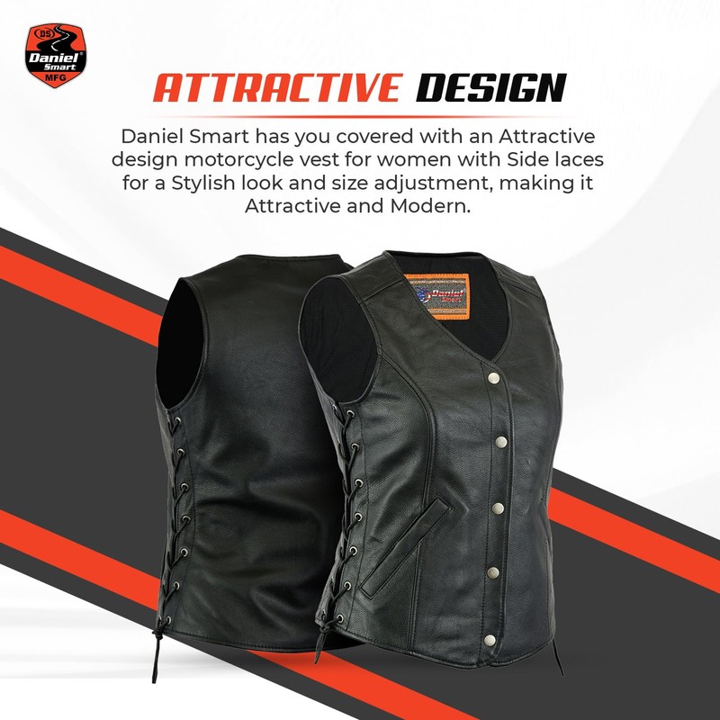Daniel Smart Biker Vest for Women Genuine Cowhide Open Neck