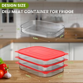 XWF Deli Meat Container for Fridge,Lunch Meat Container With Silicone Seal Lids for Refrigerator | 3 Layers Stackable design | Clear Framed | Ideal for Cold Cuts,Meats,and Cheese containers,Red cover