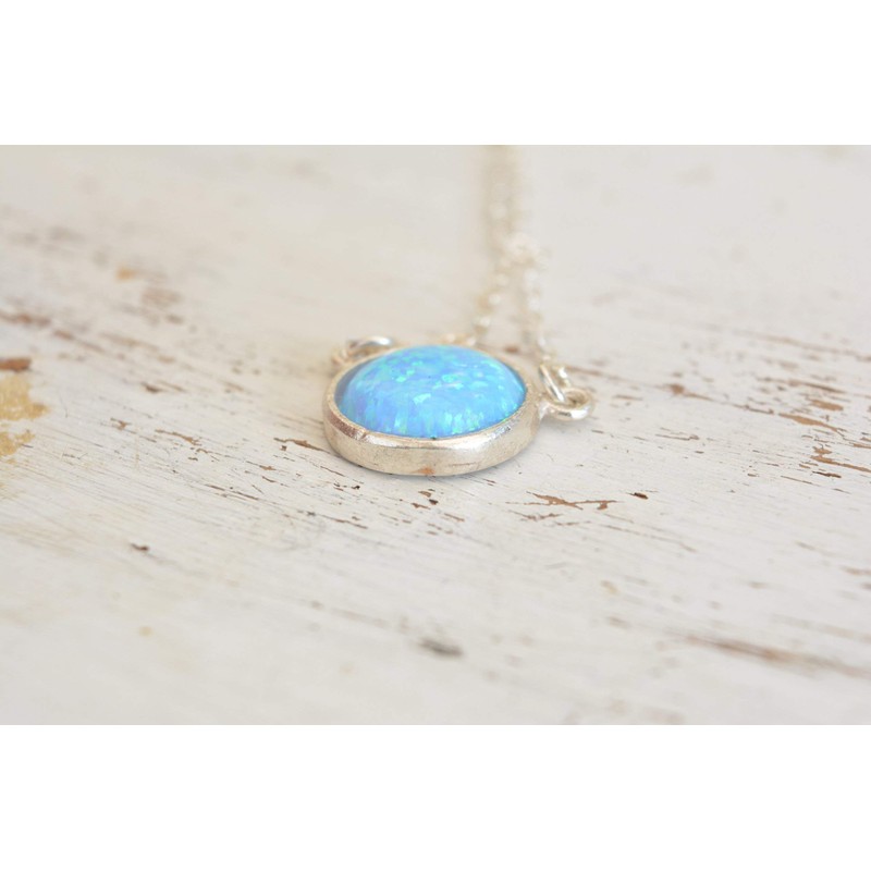 Blue Opal Pendant Necklace Sterling Silver Gemstone Circle 10mm Opal