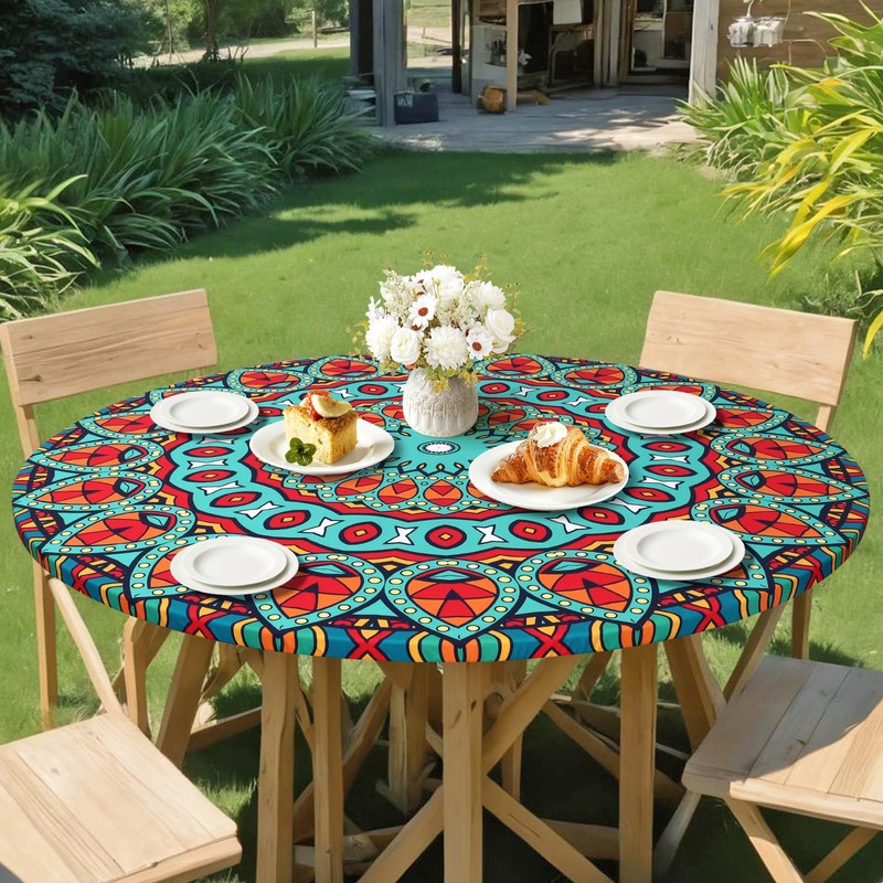 Dremisland 150cm Waterproof Round Tablecloth Mandala Tablecloth Outdoor Fitted Elastic