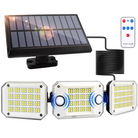 Solar Motion Sensor Outdoor Lights,Dual Sensor 240LEDs, 3Heads,3000LM,7000K with 5M Cord for Solar Outdoor Lights IP65 Waterproof and 3 Modes, Remote Control forGarage, Porch (3 Heads-1 Pack)