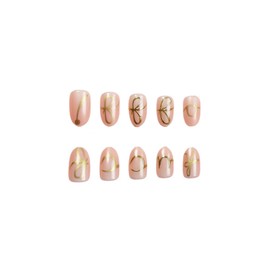 SINHOT Almond Press on Nails Medium - 3D Gold Chrome Line Fake Nails Glossy Glue on Nails Nude Natural Acrylic Nail Stiletto Artificial Nail Art Stick on False Nails with Design DIY 24 pcs