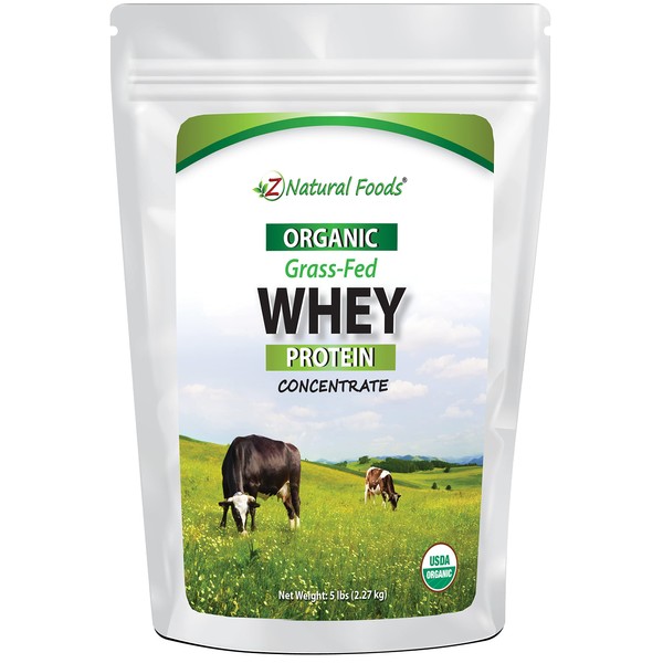 Z Natural Foods Organic Whey Protein Powder - 5 lb - Grass Fed, Unflavored, Hormone Free, Non GMO, Gluten Free - Premium Protein for Drinks, Shakes, Smoothies, Food, & Recipes