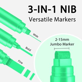 BIGTHUMB 3 Pcs Green Jumbo Permanent Markers: 15mm Wide Tip Thick Acrylic Paint Pen Large Calligraphy Marker for Rock Painting, Poster, Sign, Canvas, Glass, Wood, Ceramic