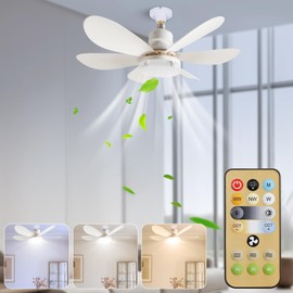 Ceiling Fan Light, E26 Base, Three Color Temperatures, Stepless Dimming, Small 6-Blade Fan Ceiling Light, Energy Saving, Easy Installation, No Construction Required, Integrated Ceiling Fan and