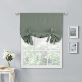 NICETOWN Blackout Tie Up Shades for Bedroom Thermal Insulated Curtains 45 inches Long Rod Pocket Short Curtains for Small Window/Bathroom/Living Room, 34" Wide x 45" Long, 1 Panel, Greyish Green