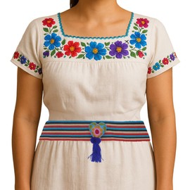 Mexican Woven Belt with Striped Pattern, Heart Tassel Design, Multicolor