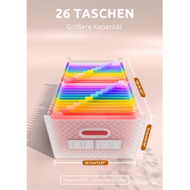 Thinktex Accordion File Folder with 26 Compartments, Portable, Expandable, Accordion Plastic Folders, 2 Transparent Business Card Slots, A4, Letter Size, Expandable Organizer (Rose)