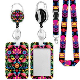 Badge Holder with Lanyard,Colorful Floral Mexican ID Name Badge Card Holder with Lanyard,Badge Reel Heavy Duty with Carabiner Clip,Nurse Teacher Office Gifts