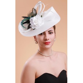 Cizoe Tea Party Hats Fascinators for Women Kentucky Derby Headpiece Peacock Feather Wedding Headware Bridal Headpiece(White)