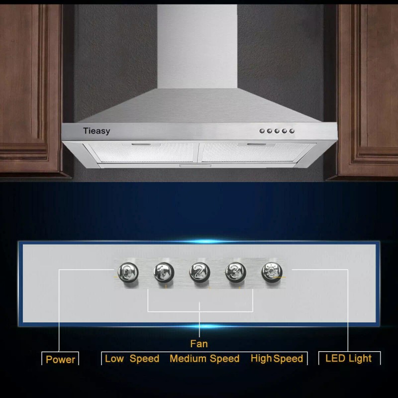 Tieasy 30in Kitchen Wall Mounted Range Hood Stainless Steel 450CFM