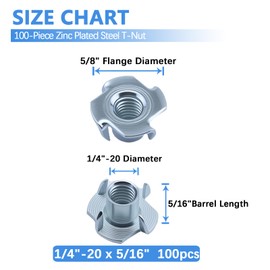1/4"-20 T-Nuts, 100PCS Zinc-Plated Steel Corrosion Resistant, 5/16" Barrel Length, 4-Pronged Tee Nut for Wood, Rock Climbing Holds, Cabinetry, Furniture