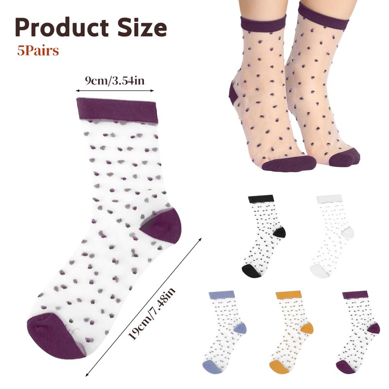 Hariendny 5 Pairs See-Through Socks Colorful Striped Dot Ultra-Thin Glass