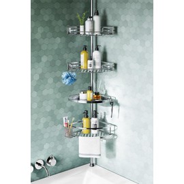 HAMITOR Corner Shower Caddy Tension Pole: Quick Installation 4-Tier Rustproof Bathroom Organizer Shelves for Bathtub Shampoo Storage - 47-121 inch Adjustable Floor Standing Bath Rack Holder - Silver