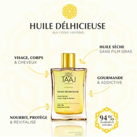TAAJ | Huile Délhicieuse | Dry Beauty Oil | Body, Face & Hair | Nourishes, Protects & Revitalises the Skin | Satin Skin | Repaired Hair | 96% of natural ingredients |Vegan | 100 ml