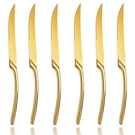 Lemeya 6 Pieces Steak Knives Set of 6,Stainless Steel Standing Steak Knife,Ultra-Sharp Serrated Steak Knives-10 Inch,Mirror Polished,Dishwasher Safe(Gold)