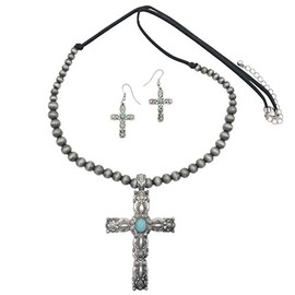 Long Cross Simulated Turquoise Stone Western Style Necklace & Earrings Set (Silver Tone Ornate)