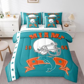 Queen Size American Football Team Comforter Set Football City Bed Set Dolphin Bedding Sets For Sports Fans, 1 Comforter, 1 Flat Sheet 1 Fitted Sheet 2 Pillowcases 2 Throw Pillow Covers (Miami)