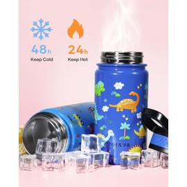 2 Pack Insulated Kids Water Bottle, BUZIO 14oz Stainless Steel Water Bottles with Straw Lid, BPA-FREE Lead-Free Double Wall Vacuum Leak Proof Drink Cups Flask for School (Blue Car +Blue Dinosaur)