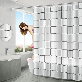 MCSWKEY Cortina de Ducha, 180 * 180cm Cortina para Baño de PEVA Impermeable de Patrón Cuadrado Grande, Cortina de Baño Antimoho Lavable con Ganchos, Cortina Baño para Hogar, Bañera