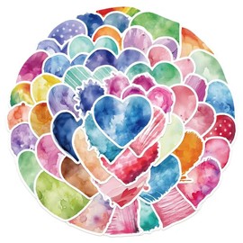 Heart Shaped Stickers/ 50 Sheets Watercolor Love Romance Valentine's Day Heart Shaped Stickers Laptop Cell Phone Guitar Greeting Cards Water Bottle Scrapbooking Thin Waterproof Vinyl Stickers