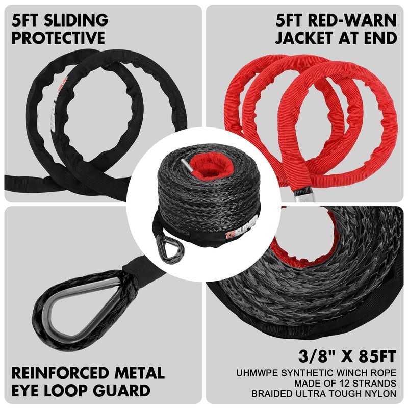 ZESUPER Synthetic Winch Rope 3/8" x 85ft Dyneema 12 Strand