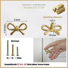 YEMCHI 2 Pack Solid Brass Bow Drawer Knobs, Gold Bow Knobs for Kitchen Cabinet Hardware, Vintage Vanity Dresser Pulls, Nursery Kids Bedroom Creative Tie Decorative Handles (Brass Bow)