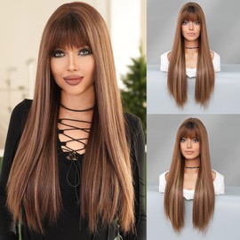 PARK YUN Brown Blonde Highlights Wig with Bangs 28 Inch Synthetic Heat Resistant Wig Natural Looking Wigs for women Daily Party Used.